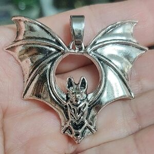 Large Silver Winged Bat Necklace Pendant
